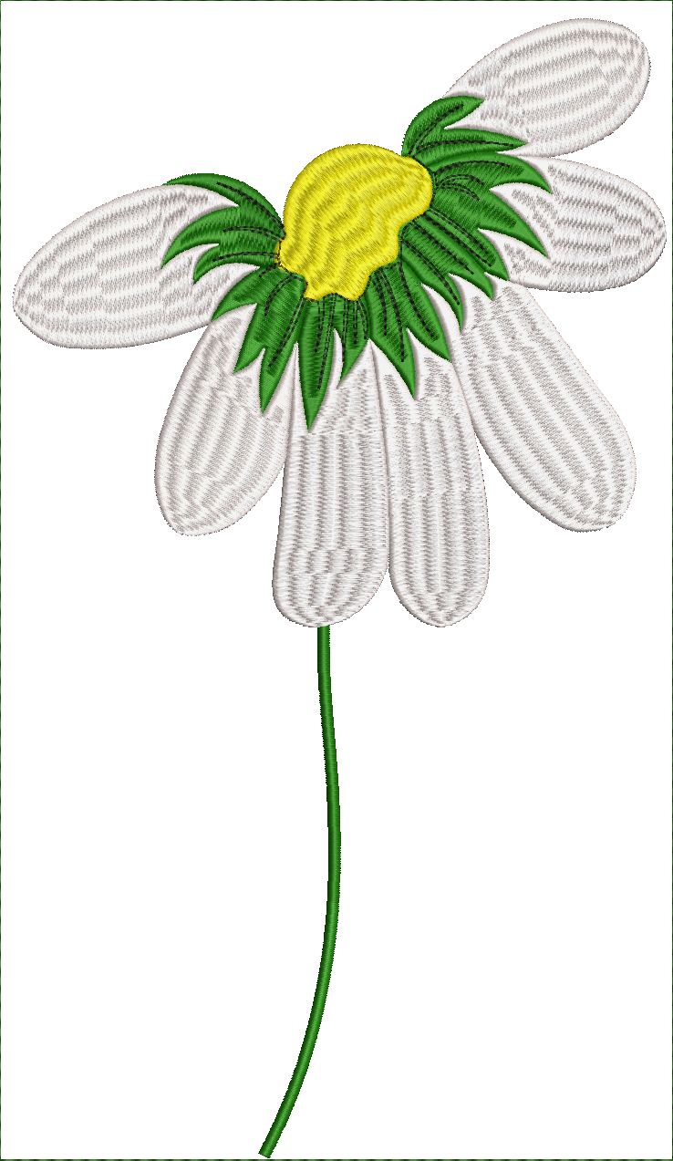 Embroidery design: An embroidery design of a single daisy with a yellow center, white petals, green leaves, and a green stem, rendered in a