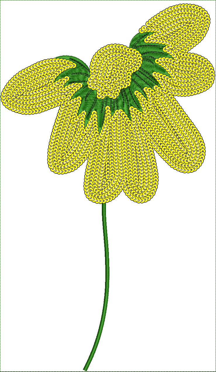 Embroidery design: A yellow flower with green leaves and stem, featuring a dense fill of small semi-circles for the petals and stitched fol