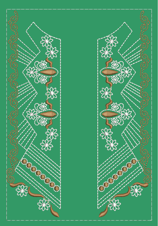 Embroidery design: A symmetrical neckline embroidery design with white floral motifs, brown teardrop shapes, and geometric striped patterns