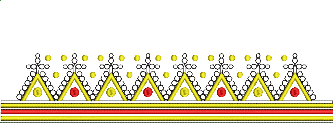 Embroidery design: A repeating, symmetrical border design with geometric elements, featuring yellow triangles with red and yellow dots, out
