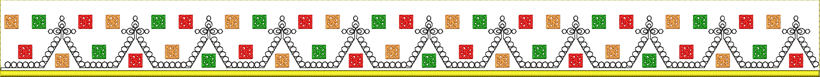 Embroidery design: A repeating embroidery border design featuring crown-like motifs interspersed with small, geometric-patterned squares in