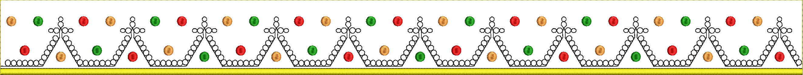 Embroidery design: A repeating border design featuring a geometric crown motif with scattered red, green, and orange dots.