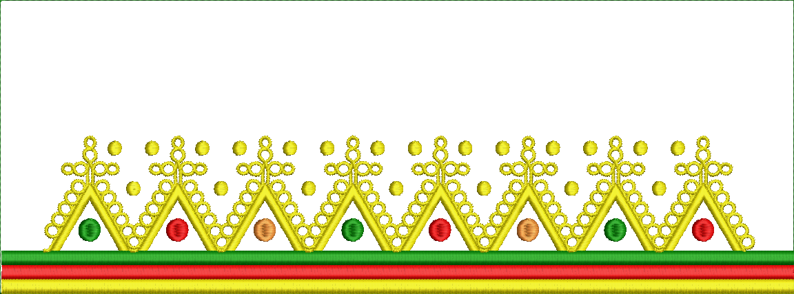 Embroidery design: A repeating decorative border with yellow geometric crown-like motifs and colorful spherical ornaments, set against a ba