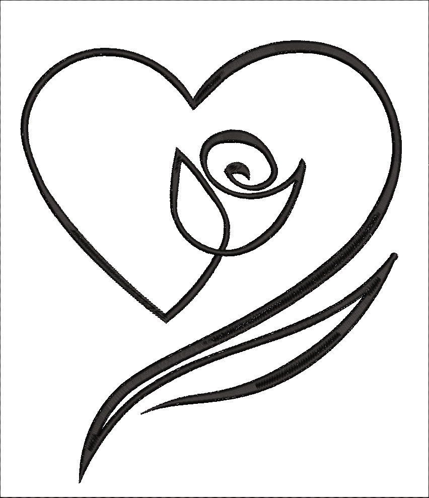 Embroidery design: A black and white embroidery design of a heart with a rose and leaves in a single line art style.