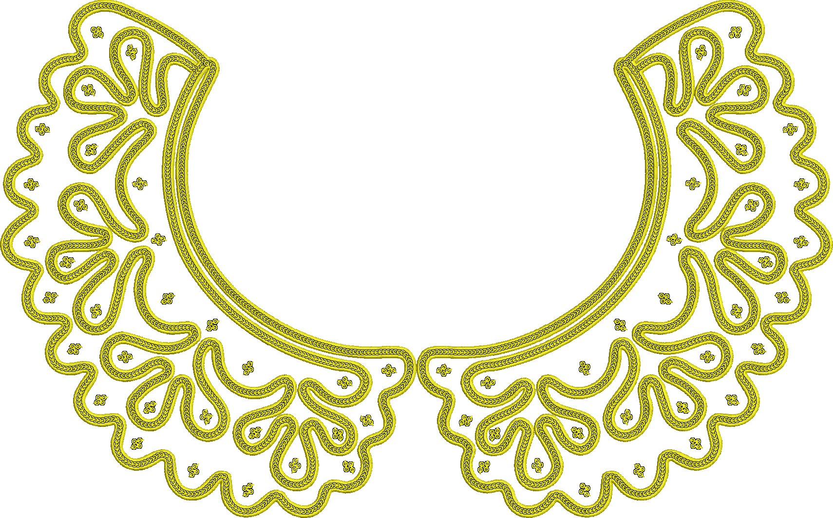 Embroidery design: A decorative yellow embroidery design for a collar or neckline, featuring intricate scrollwork and small floral motifs i