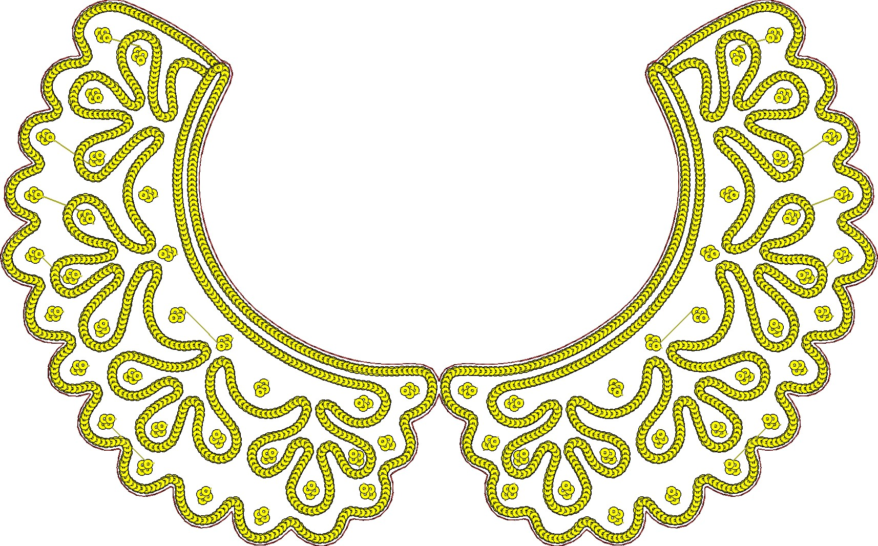 Embroidery design: An ornate yellow embroidery design for a decorative collar, featuring scrollwork patterns with small floral motifs and a