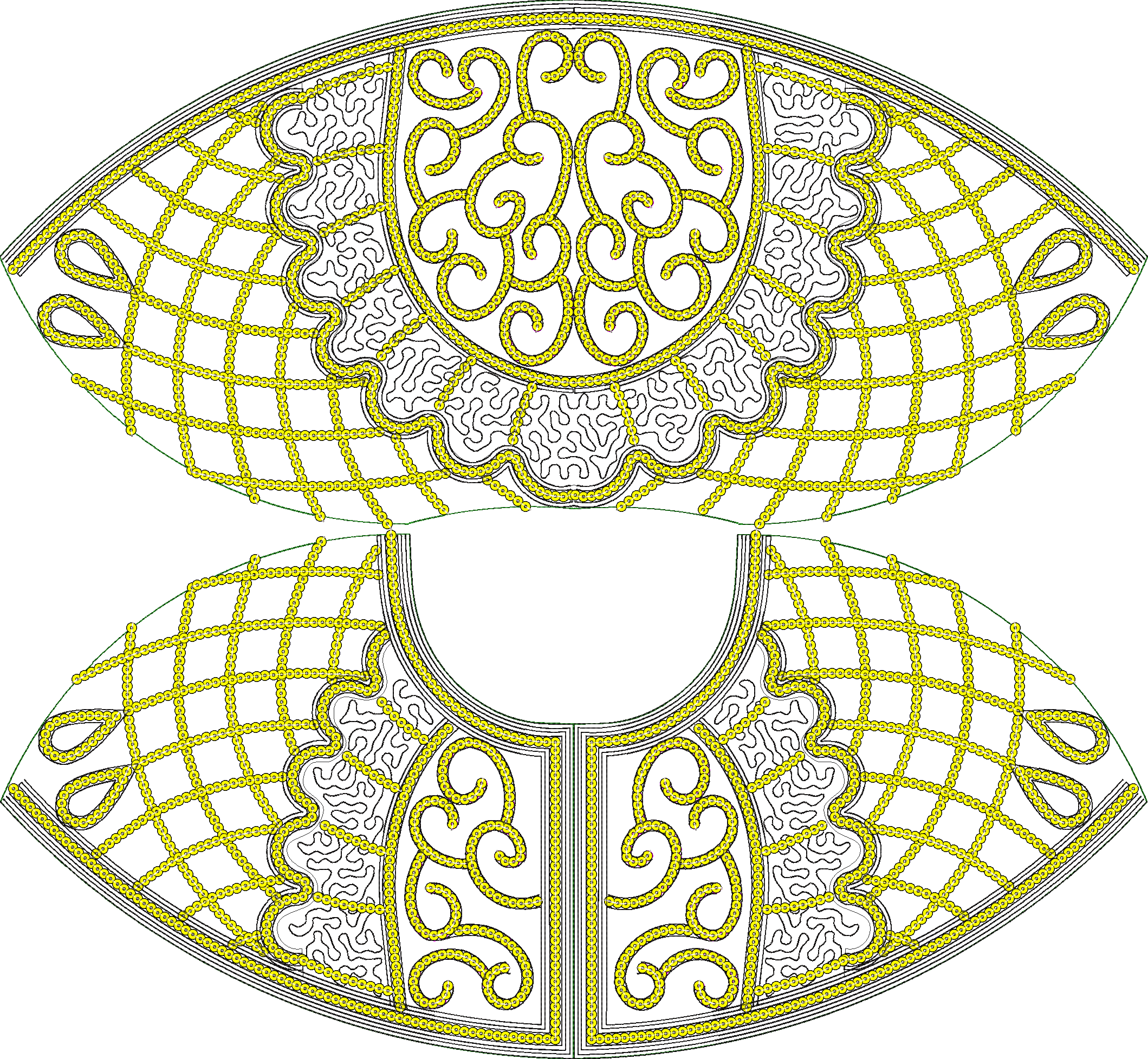 Embroidery design: Two symmetrical ornamental panels with yellow scrollwork and lattice patterns, bordered by circular motifs.