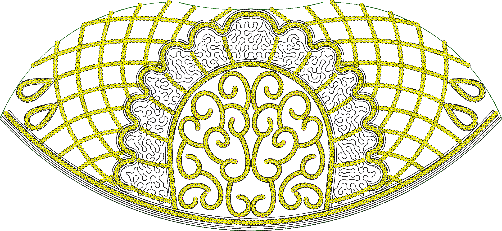 Embroidery design: A symmetrical embroidery design featuring a yellow chain-like pattern forming a grid and scrollwork, overlaid on black o