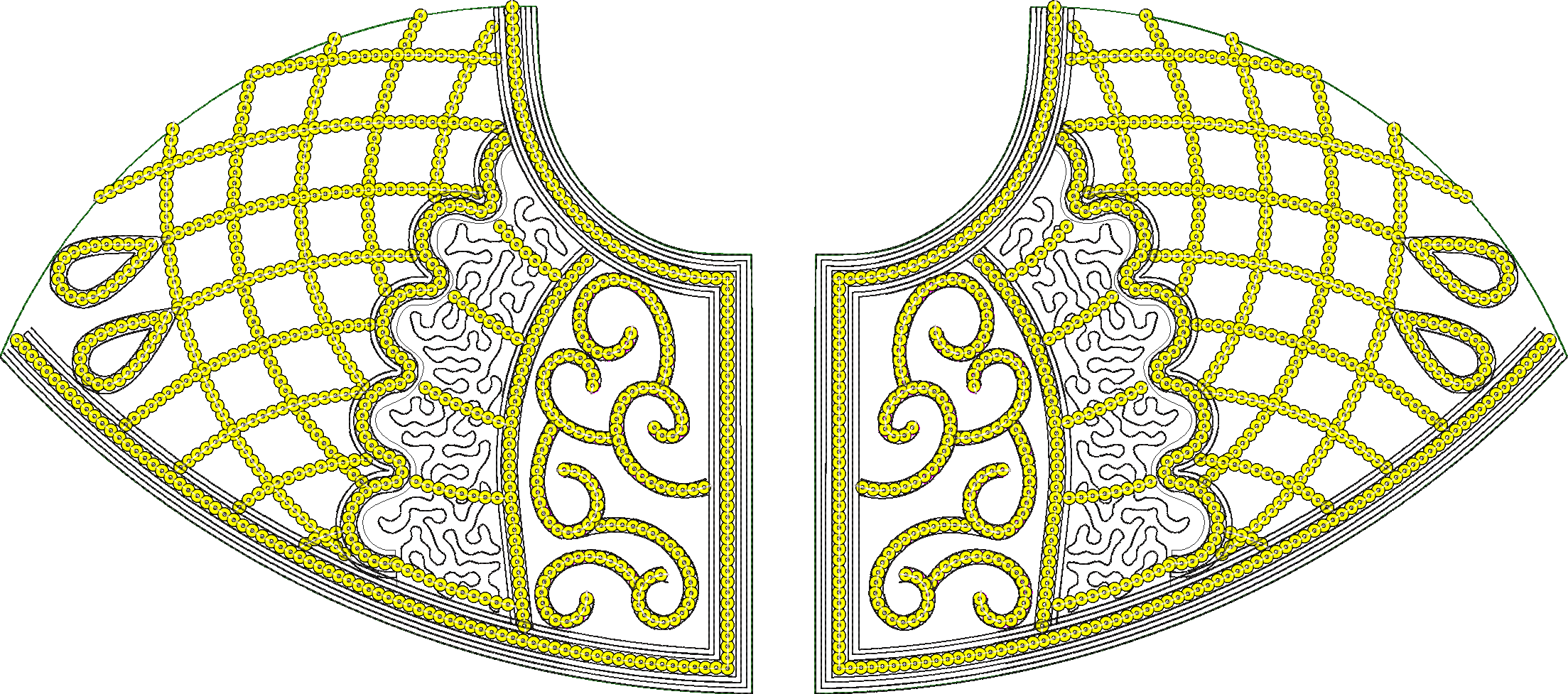 Embroidery design: A digital embroidery design of a decorative collar featuring a geometric yellow lace pattern with black ornamental detai
