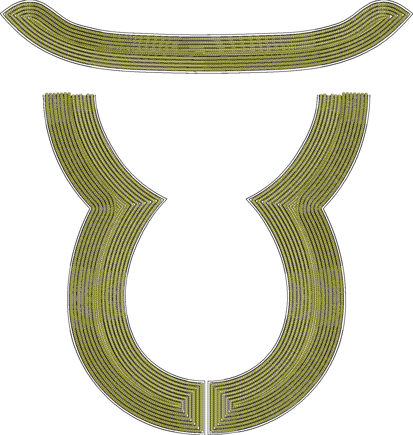 Embroidery design: An embroidery design shaped like the Taurus astrological symbol, rendered in yellowish-green with black and white outlin