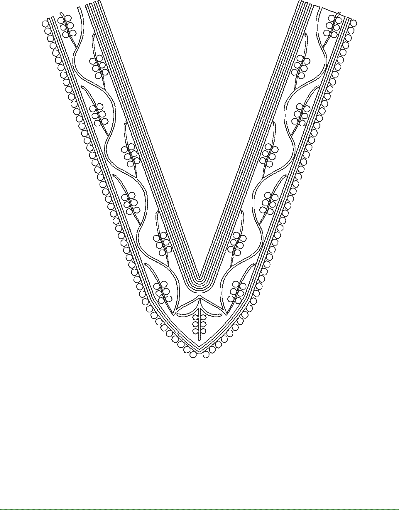 Embroidery design: A black and white V-shaped neckline embroidery design featuring a symmetrical arrangement of vines, leaves, and small ci
