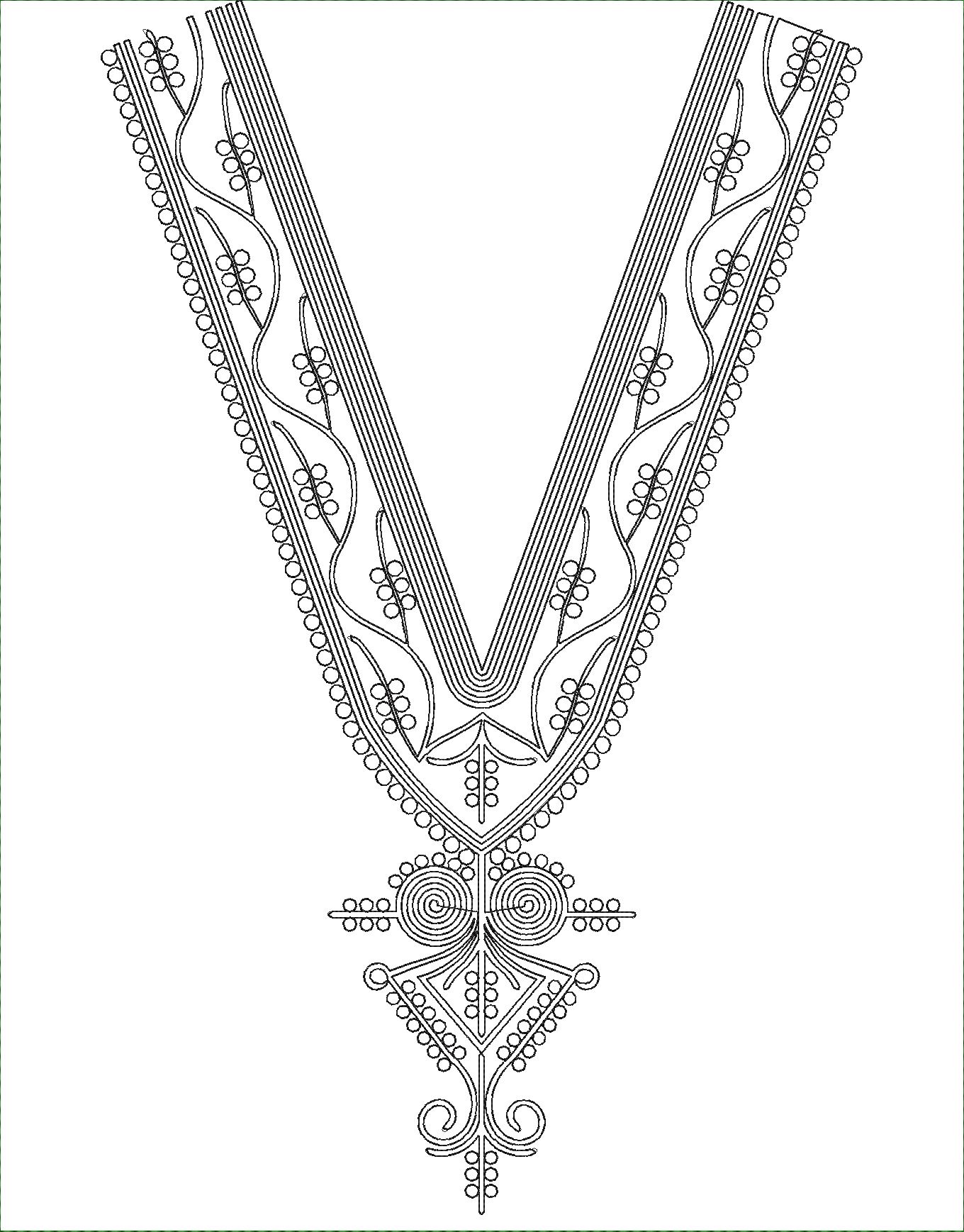 Embroidery design: A black and white embroidery design for a V-shaped neckline, featuring symmetrical ornamental patterns with scrollwork, 