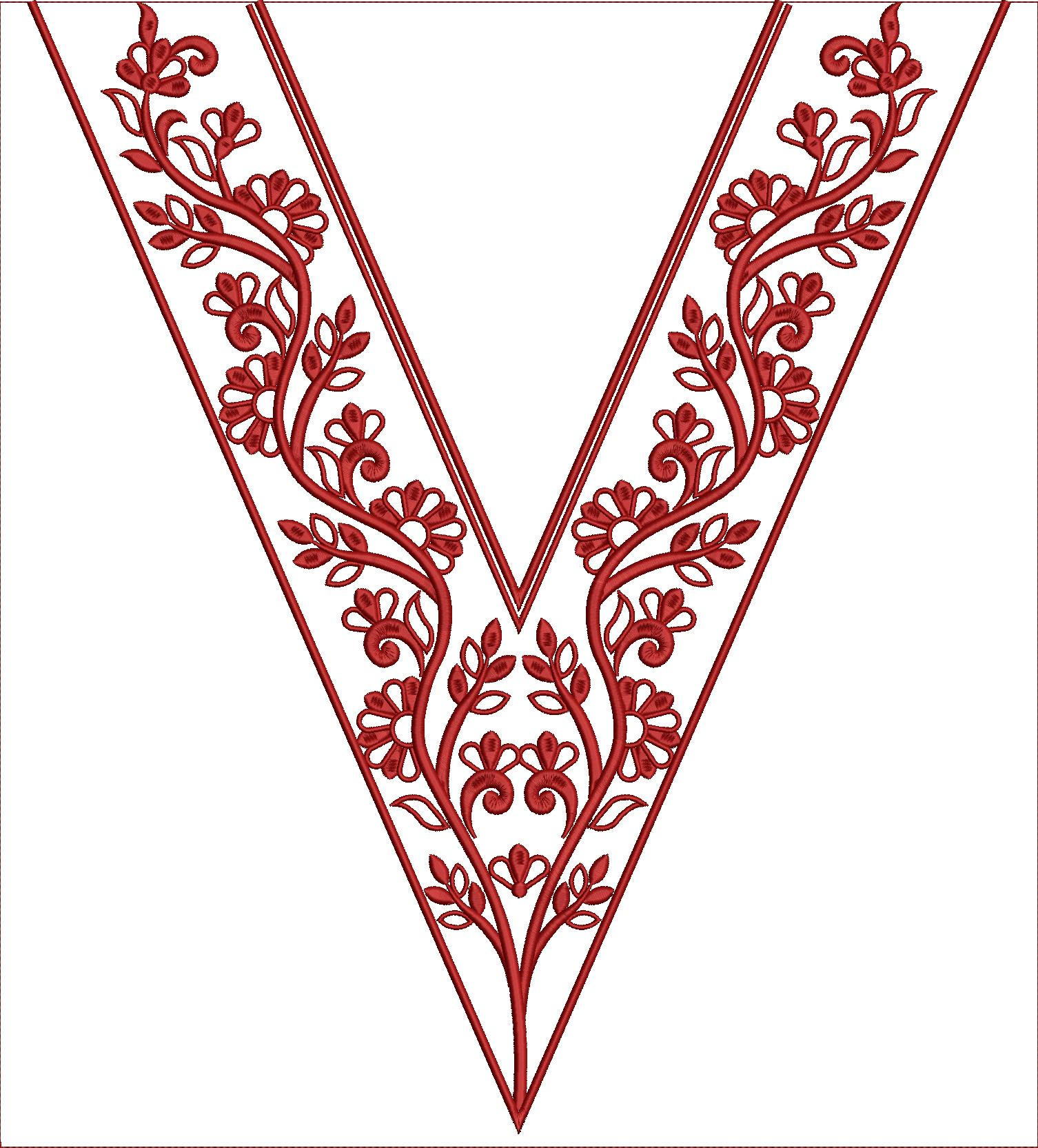 Embroidery design: A red decorative floral embroidery design with a V-neckline, featuring vines and leaves.