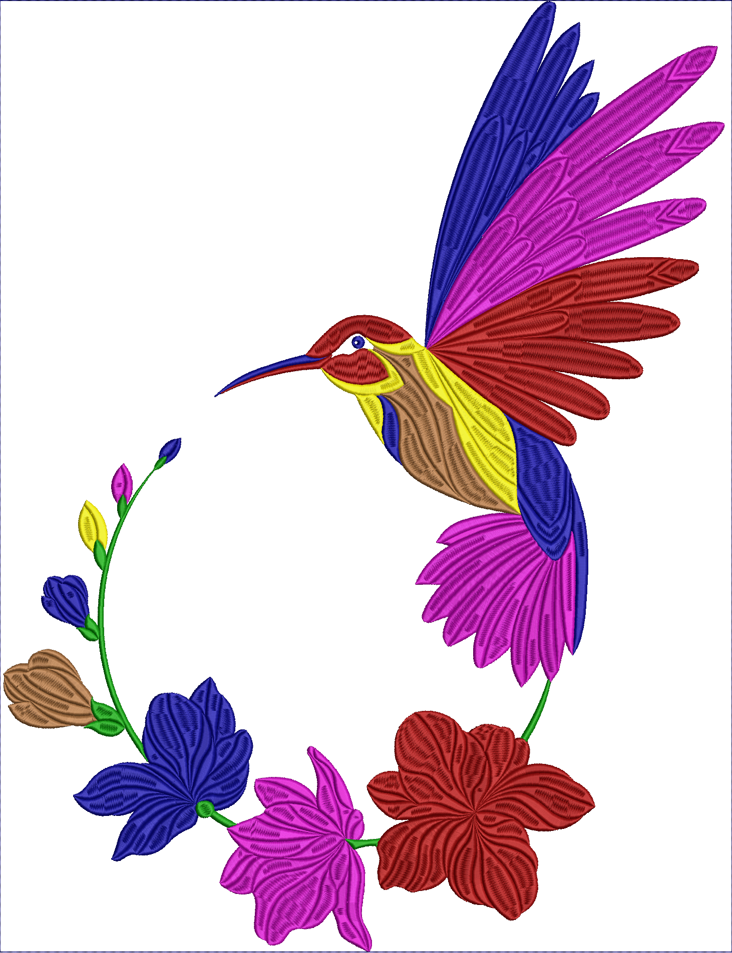 Embroidery design: A colorful embroidery design of a hummingbird in flight, surrounded by a wreath of assorted flowers and buds. The hummin