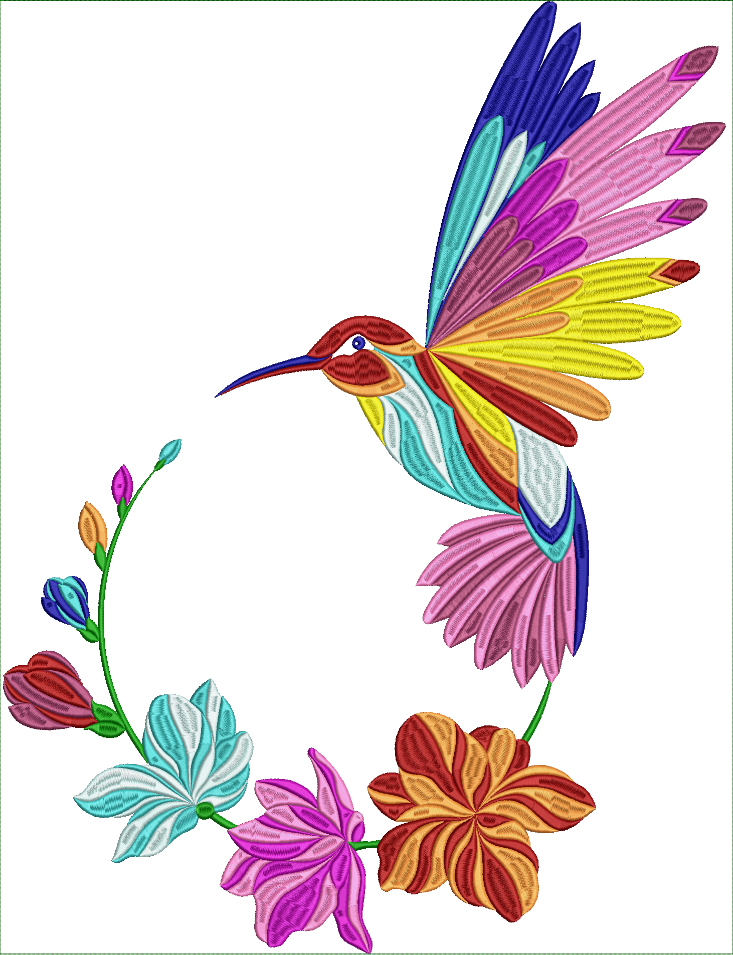 Embroidery design: A colorful embroidery design of a hummingbird in flight, surrounded by a partial floral wreath with buds and blossoms.