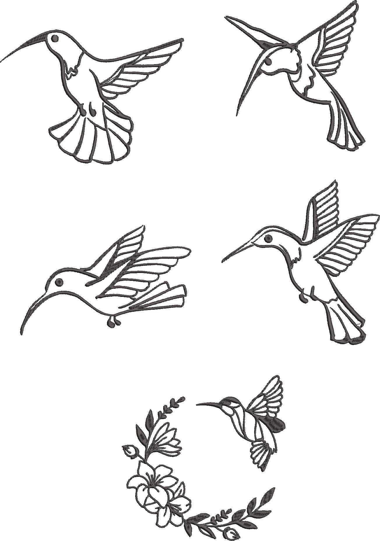 Embroidery design: A collection of five black and white embroidery designs featuring hummingbirds in flight, including one interacting with