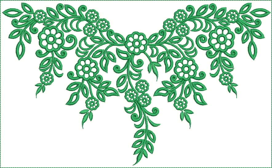 Embroidery design: A green embroidery design featuring a floral and vine pattern suitable for a neckline or decorative trim.