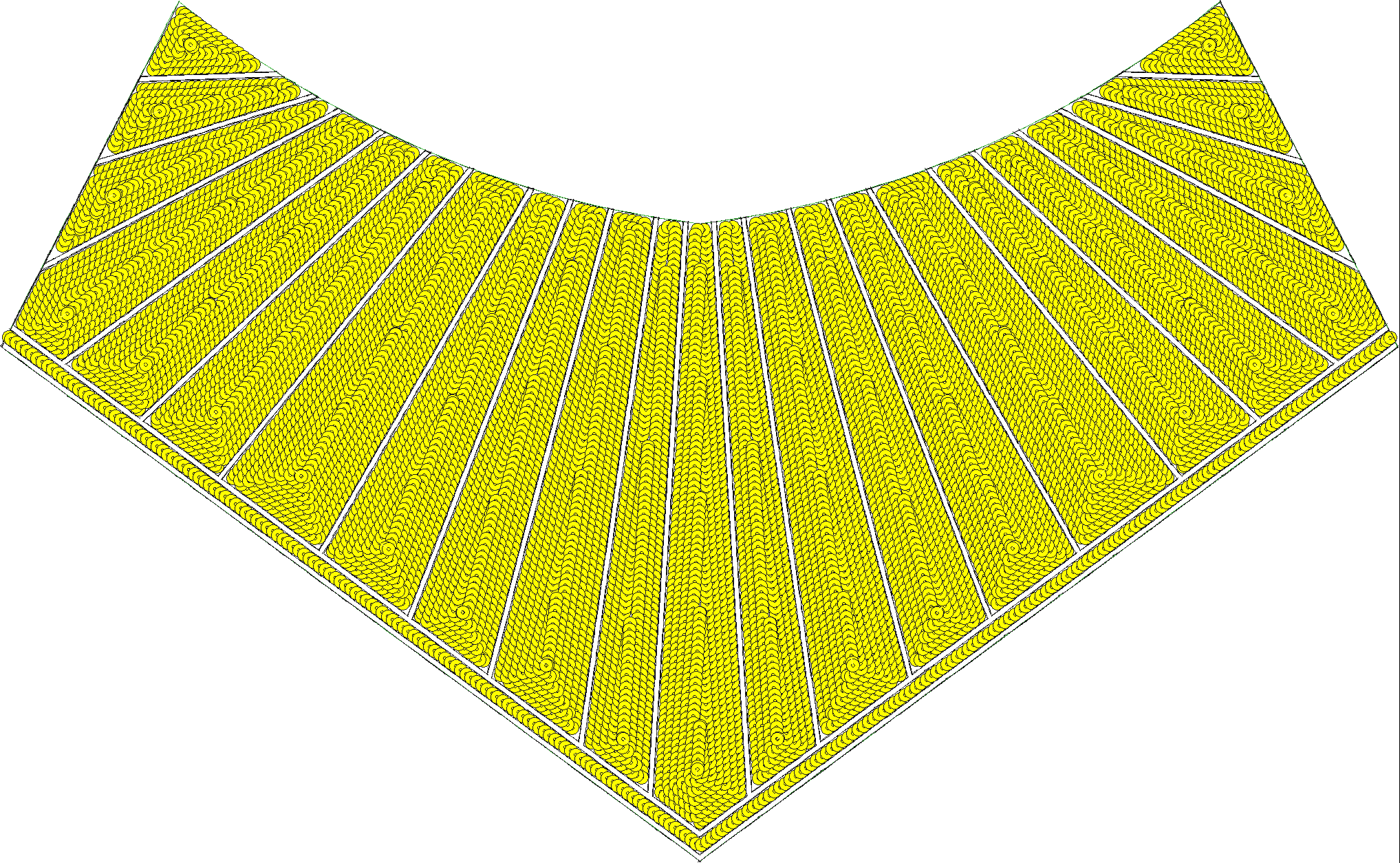 Embroidery design: A decorative embroidery design in a fan-like pattern, featuring repeating geometric shapes in yellow with white outlines