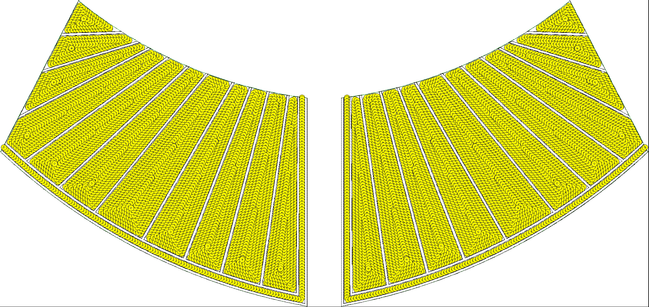 Embroidery design: A symmetrical fan-shaped embroidery design panel filled with repeating yellow circular motifs, outlined with thin white 