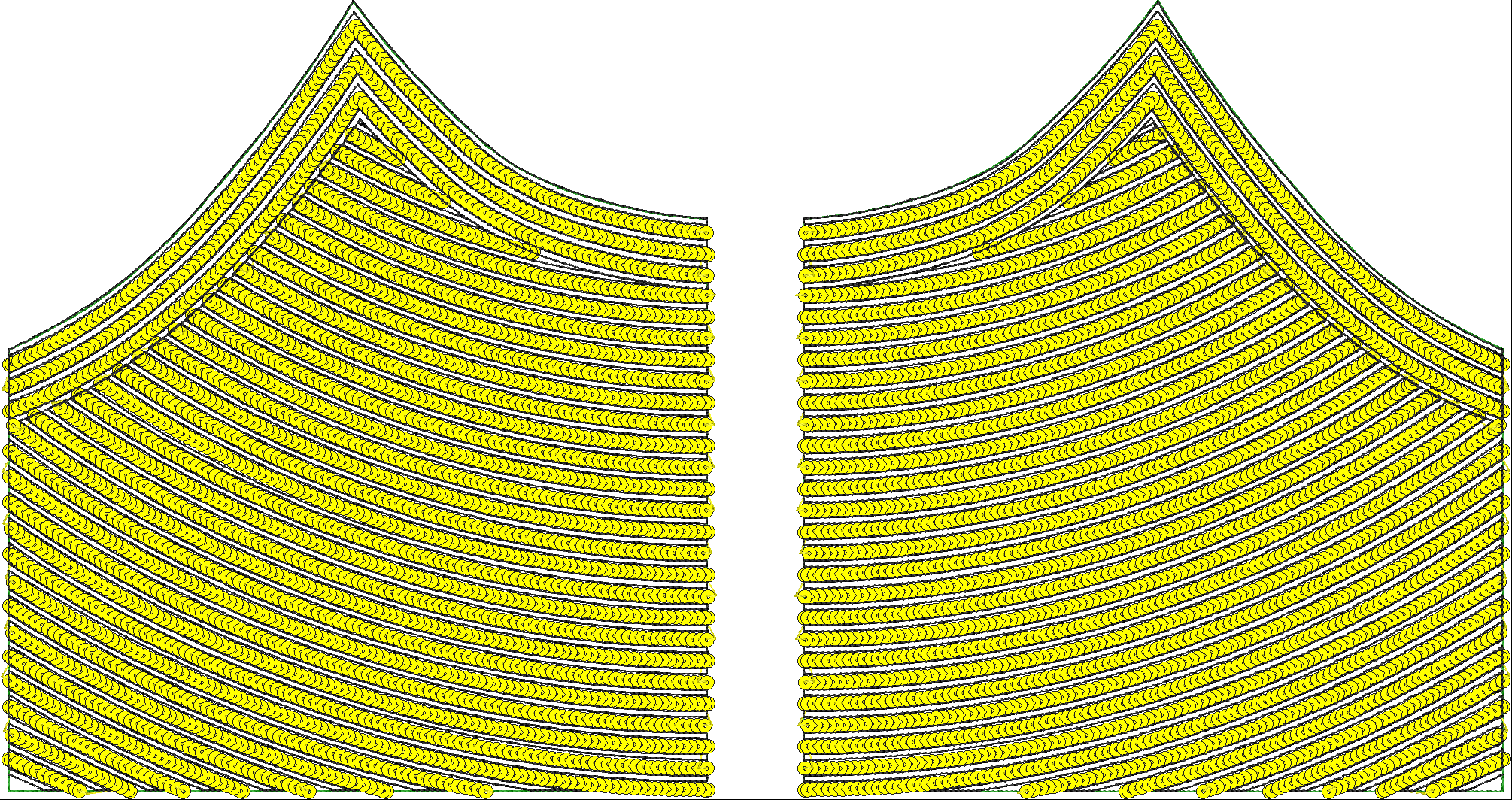 Embroidery design: A decorative embroidery design featuring repeating yellow, curved shapes outlined in black, arranged symmetrically in ro