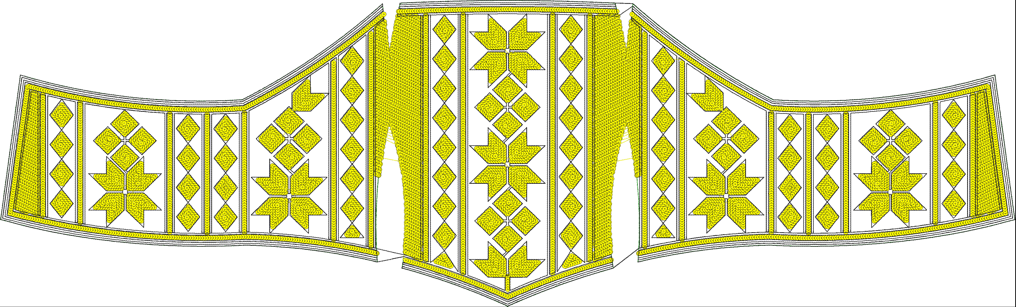 Embroidery design: A decorative yellow embroidery design featuring a symmetrical pattern of geometric shapes, including diamonds and star m