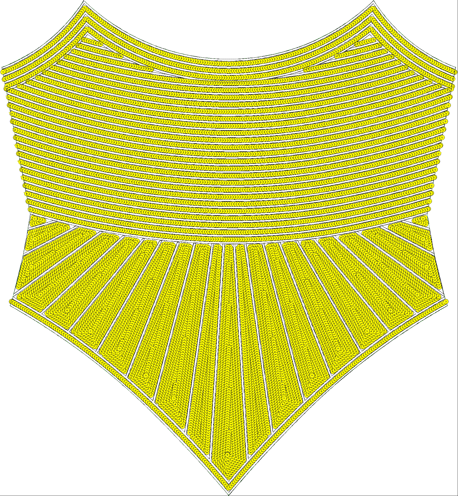 Embroidery design: A decorative embroidery design featuring a symmetrical, fan-shaped pattern in yellow with white outlines, composed of de