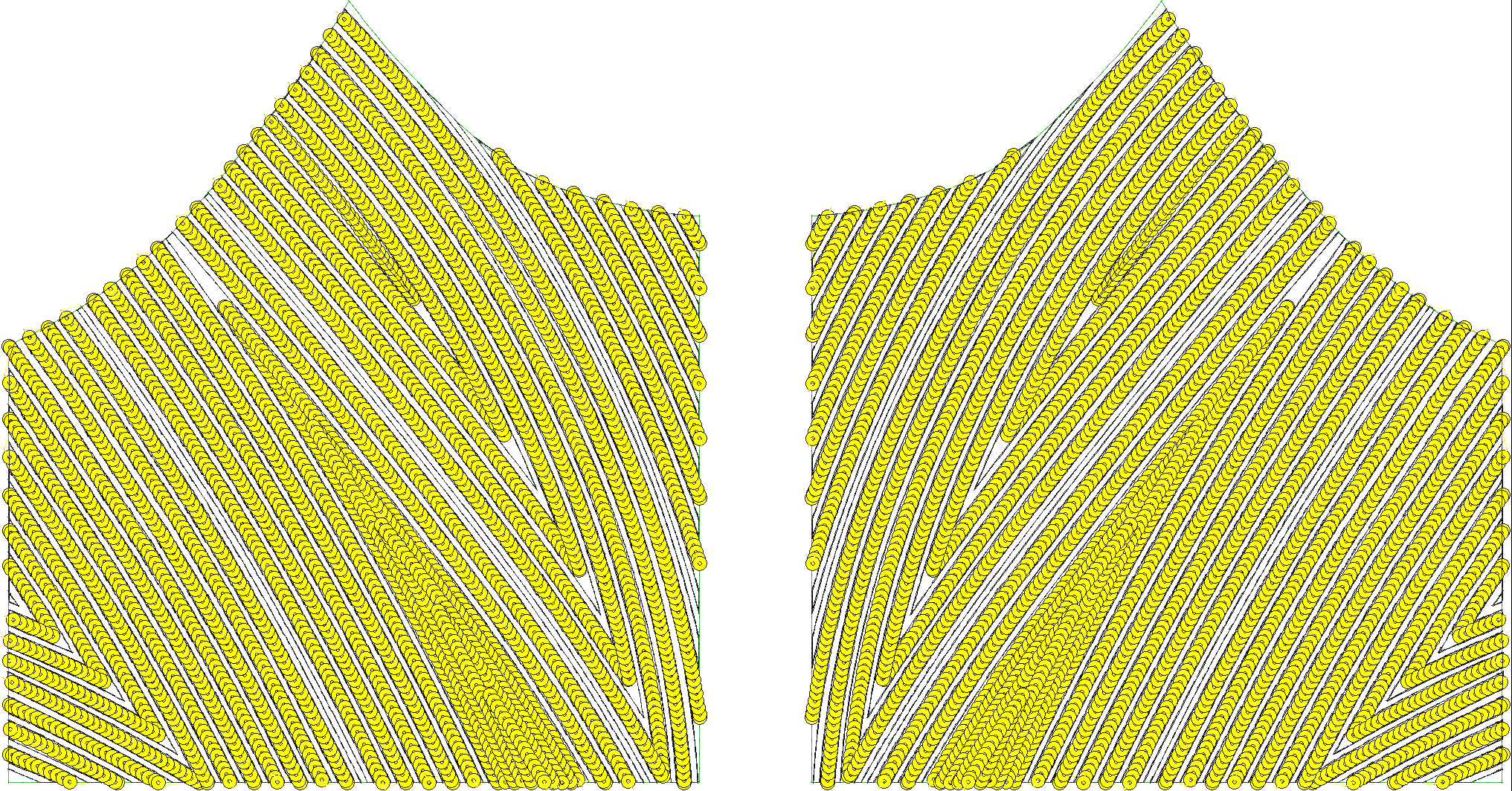 Embroidery design: Two symmetrical panels featuring a dense repeating pattern of yellow circular motifs with black outlines and internal te
