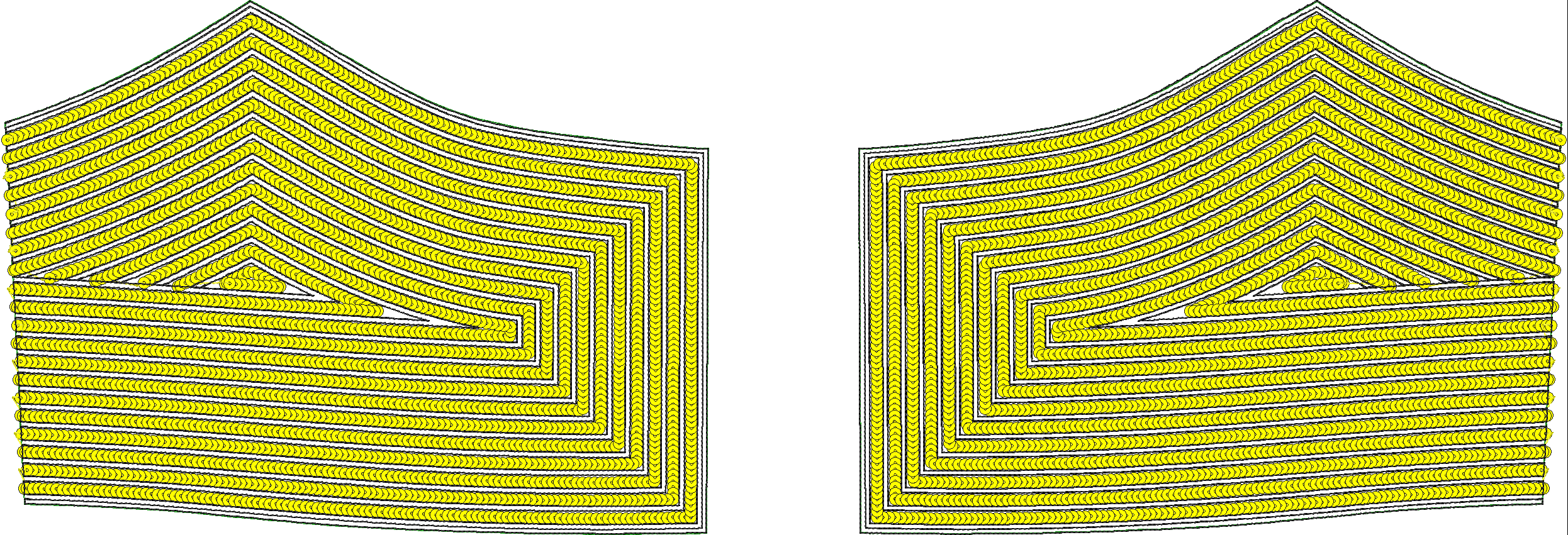 Embroidery design: A pair of symmetrical yellow embroidery designs for the front panels of a garment, featuring a dense fill of small, curv