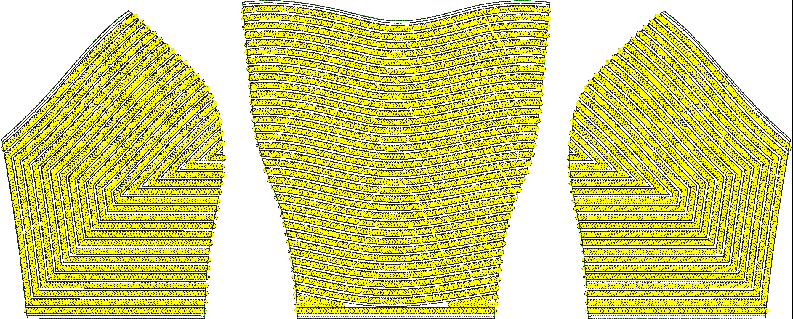 Embroidery design: A decorative embroidery design featuring repeating yellow circular motifs arranged in geometric and wavy patterns, outli