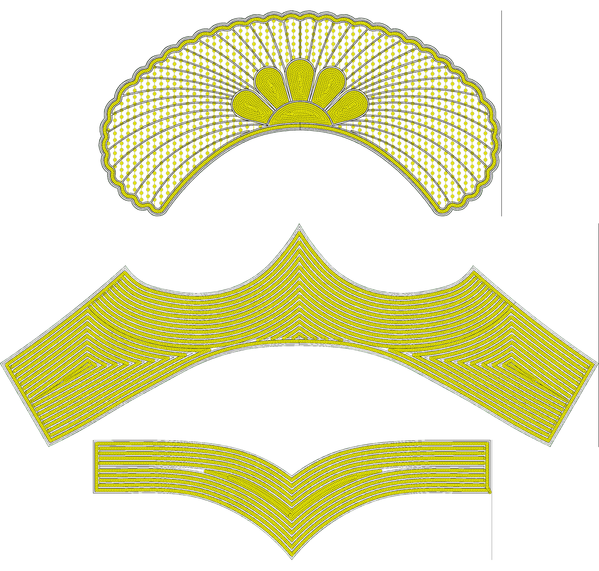 Embroidery design: Three yellow embroidery designs on a white background: a fan-shaped piece with radiating lines and a central floral moti