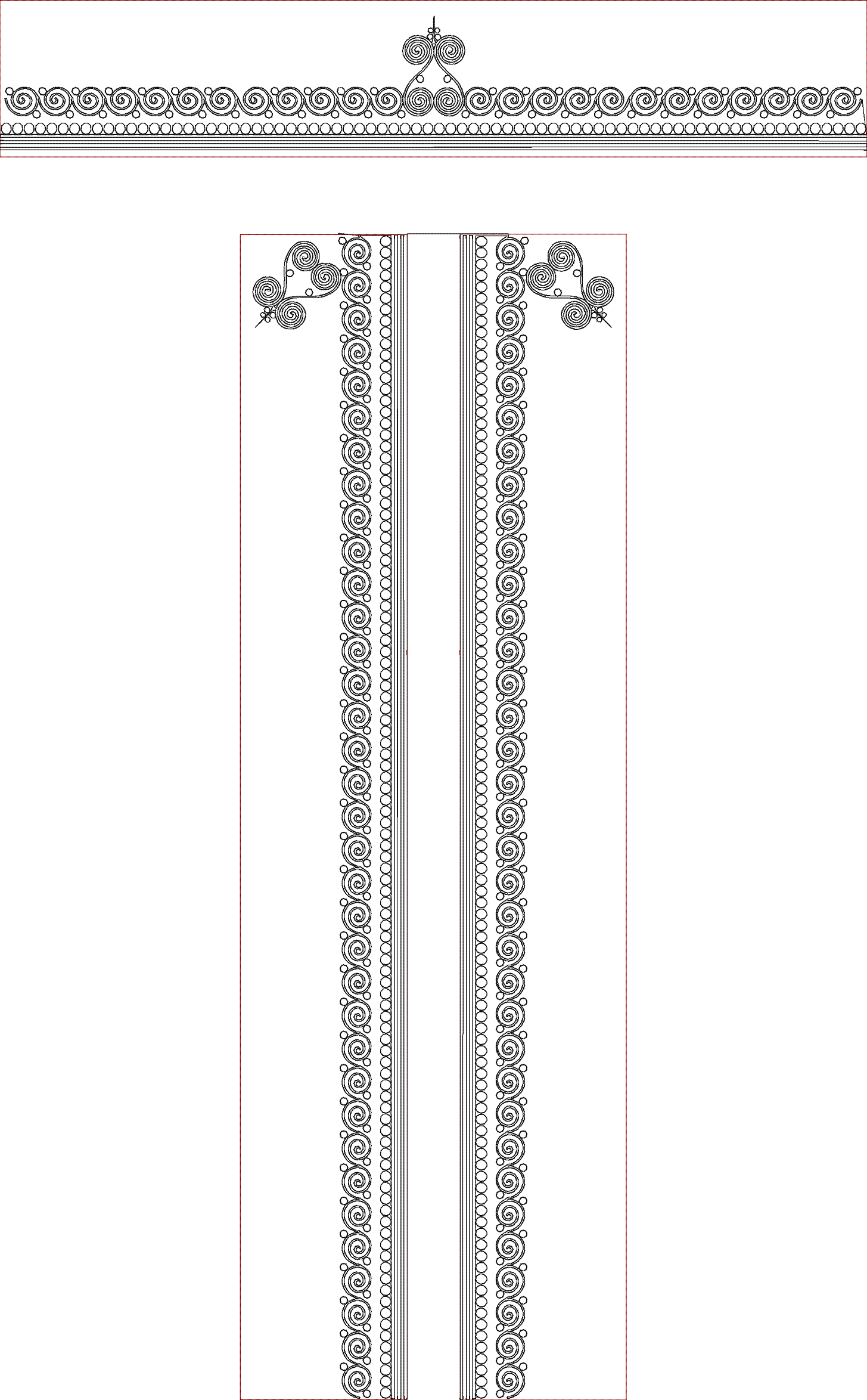 Embroidery design: A black embroidery design featuring symmetrical and repeating scrollwork and circular motifs arranged in vertical border