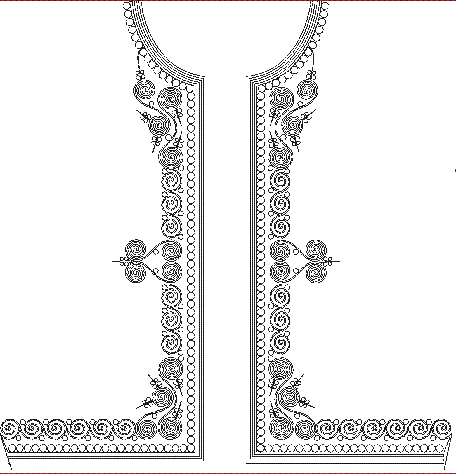 Embroidery design: An ornamental and symmetrical black and white embroidery design featuring intricate scrollwork and circular motifs, suit