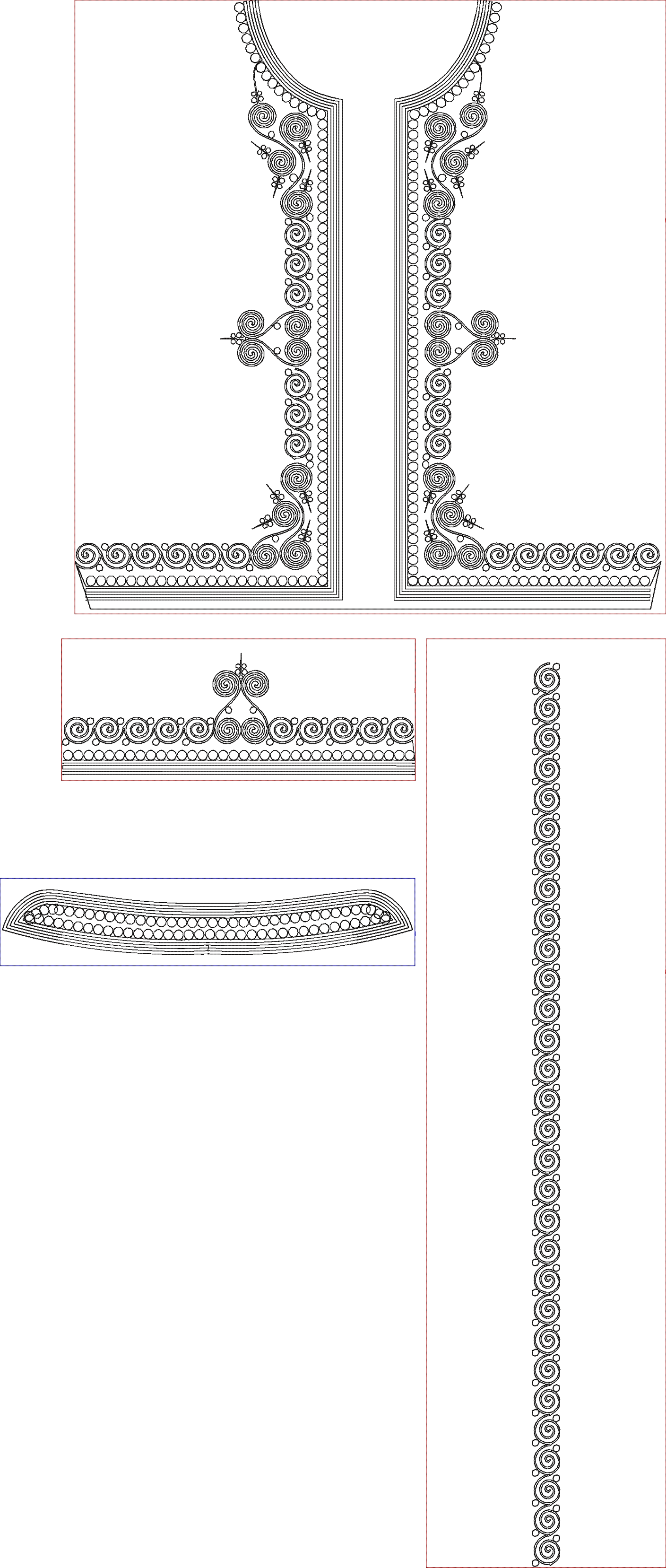 Embroidery design: A black and white embroidery design featuring ornate scrollwork and geometric patterns along a neckline and border, with