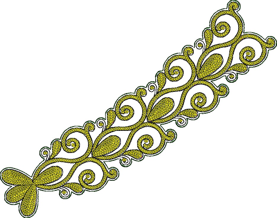 Embroidery design: A yellow and green ornamental border design with intricate scrollwork and leaf-like motifs, featuring a dense fill.