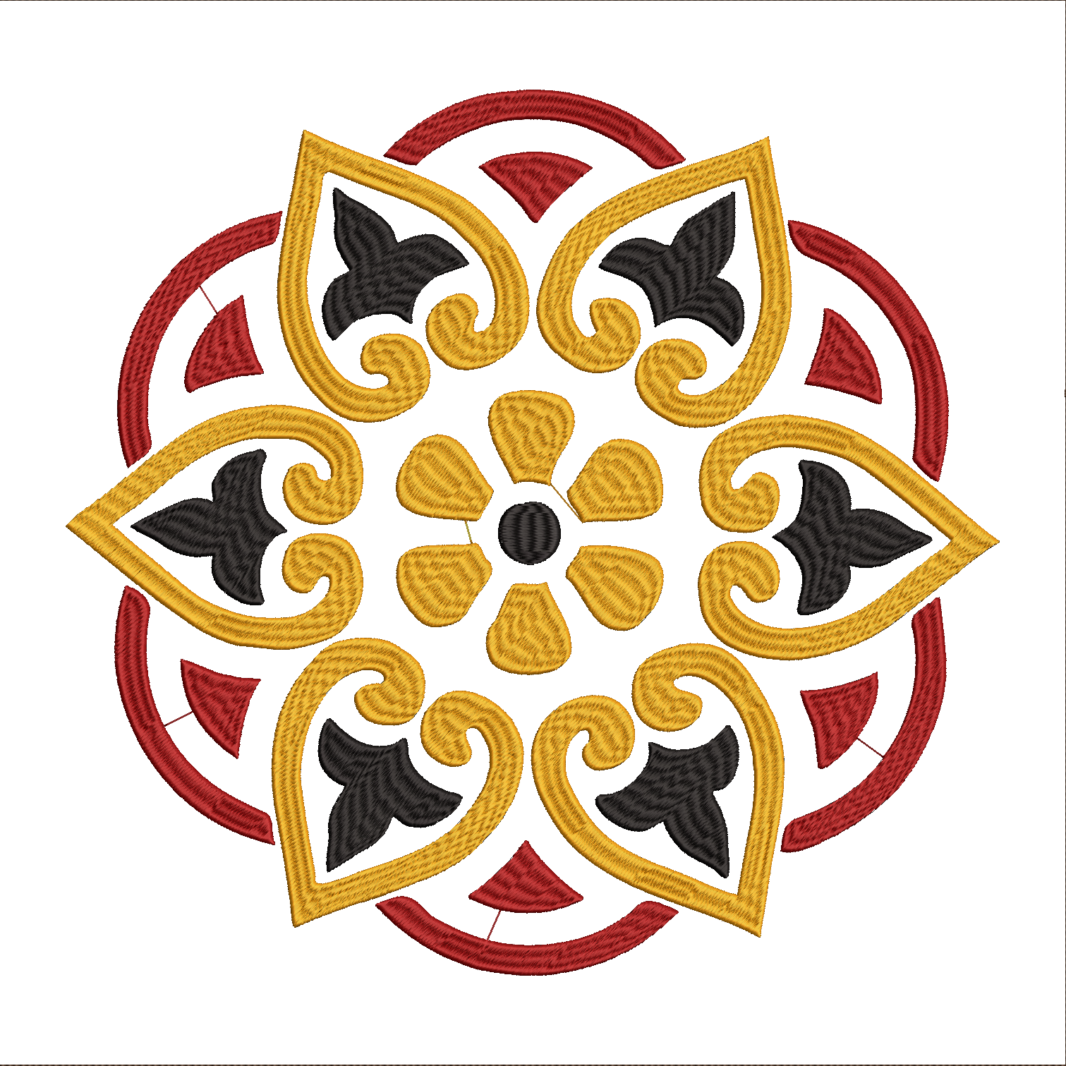 Embroidery design: A symmetrical, circular embroidery design with traditional and ornamental elements, featuring floral and leaf motifs in 