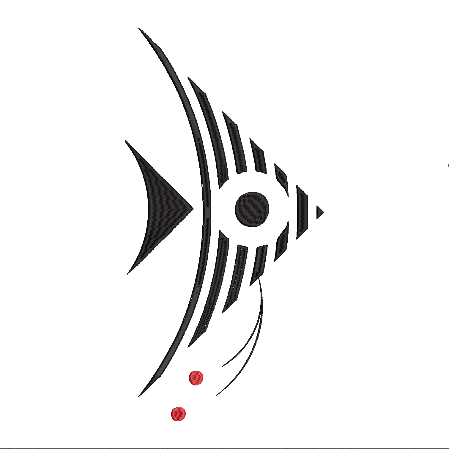 Embroidery design: An abstract embroidery design of a fish in black and white with two small red dots below it.