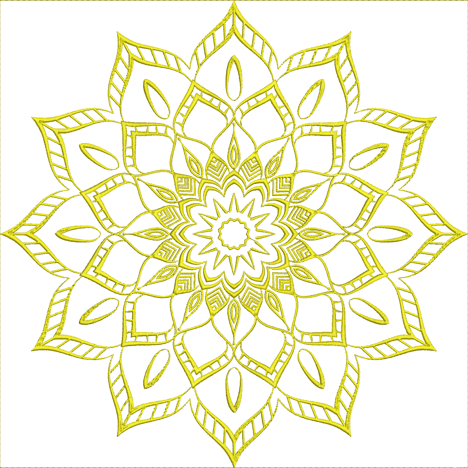 Embroidery design: A yellow, symmetrical, ornamental medallion with a geometric lace-like pattern.