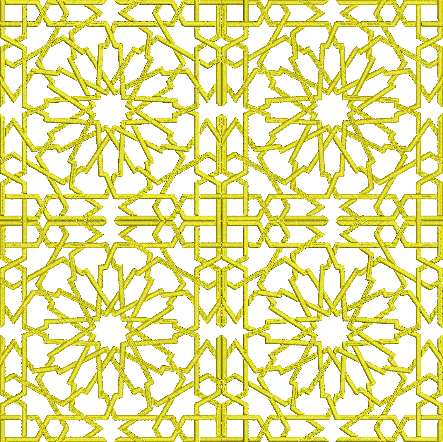 Embroidery design: A yellow embroidery design featuring a repeating, symmetrical, all-over pattern of geometric shapes forming a lattice an