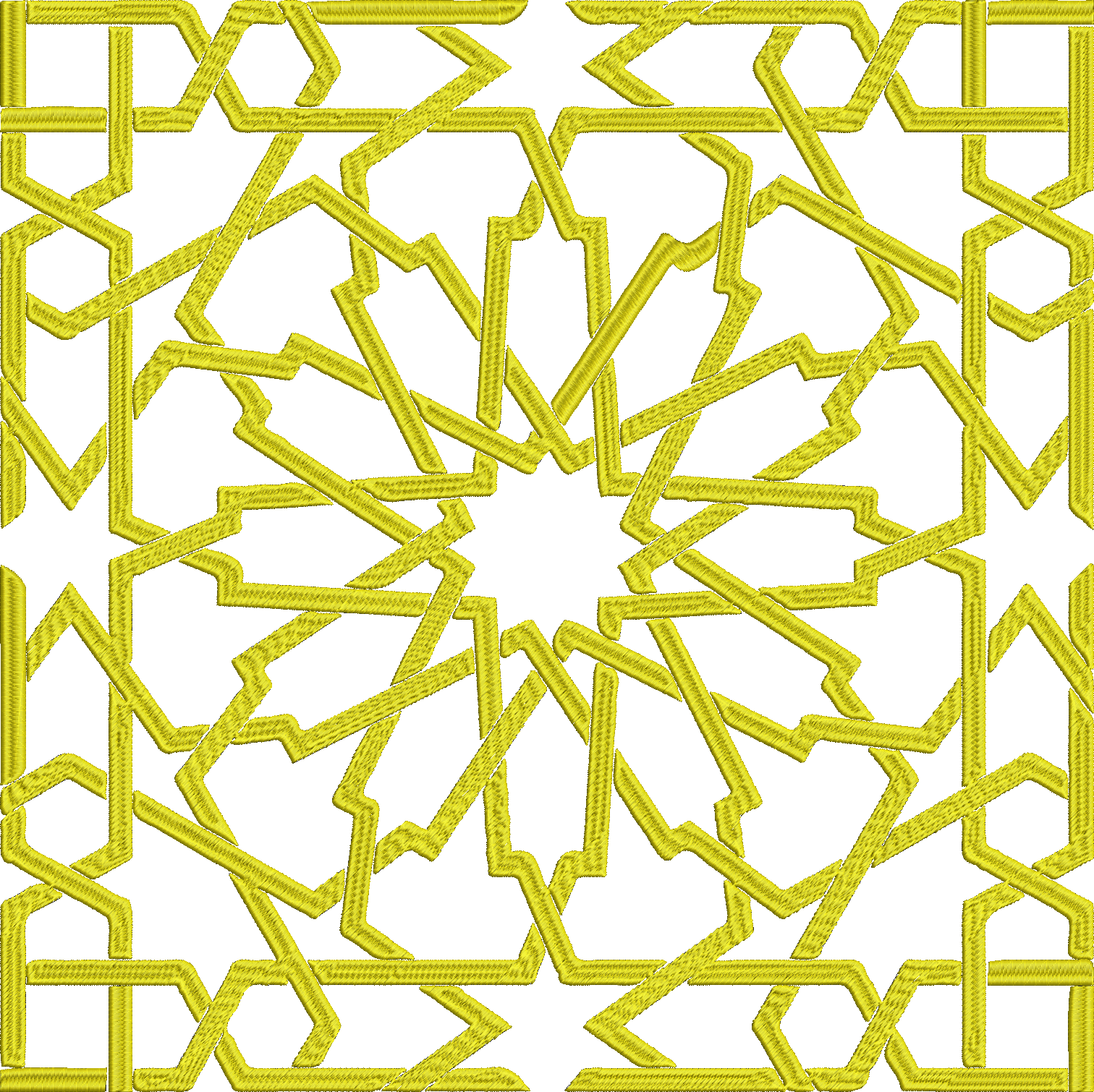 Embroidery design: A yellow embroidered geometric design with intricate interlocking star and polygon shapes in a traditional, ornamental s