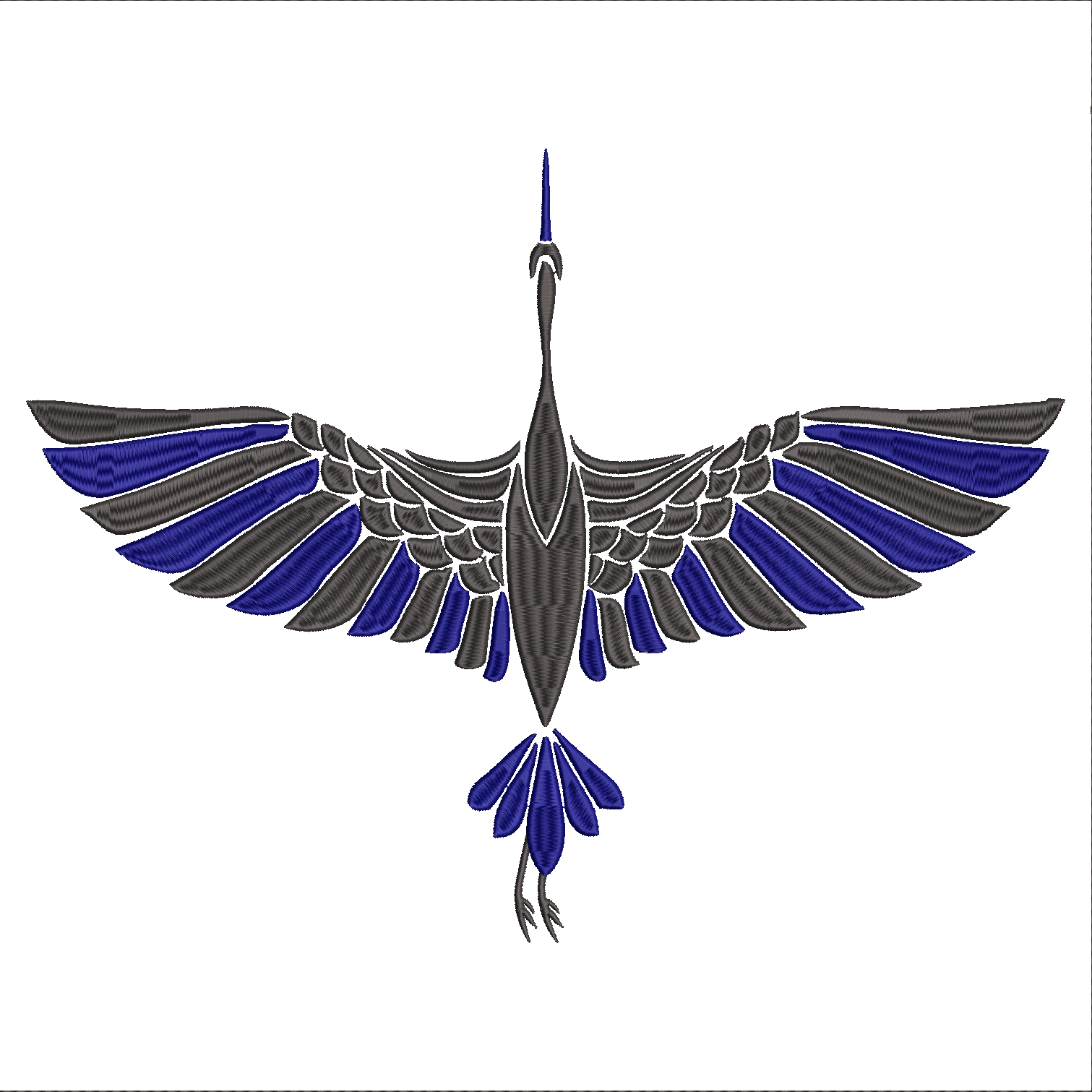 Embroidery design: An embroidery design of a crane in flight, with symmetrical wings spread wide. The body and wings are primarily grey, wi