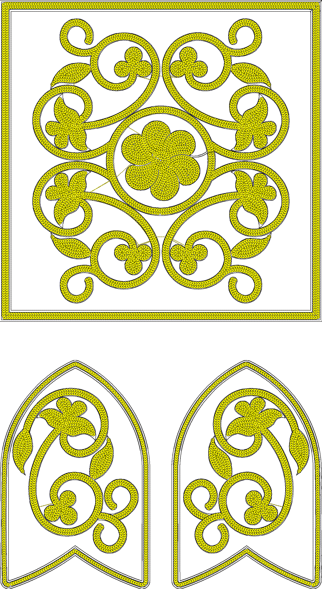 Embroidery design: A decorative embroidery design featuring intricate yellow scrollwork with floral and leaf motifs, forming a symmetrical 