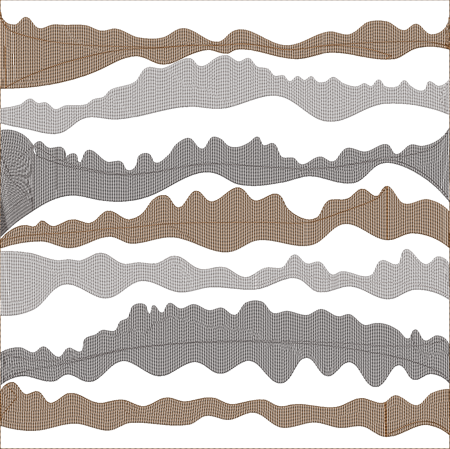 Embroidery design: An abstract embroidery design featuring multiple horizontal bands of undulating waves in brown and grey colors.