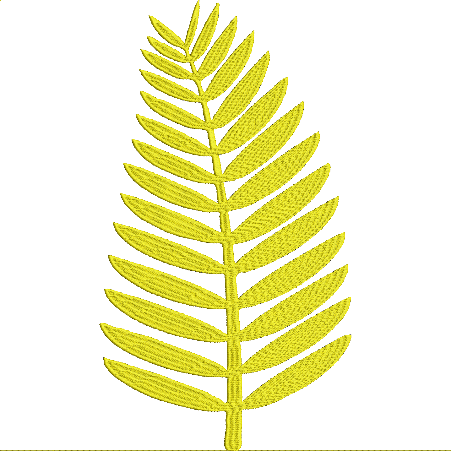 Embroidery design: A single yellow embroidered leaf with a central stem and smaller leaflets, creating a botanical or foliage motif.