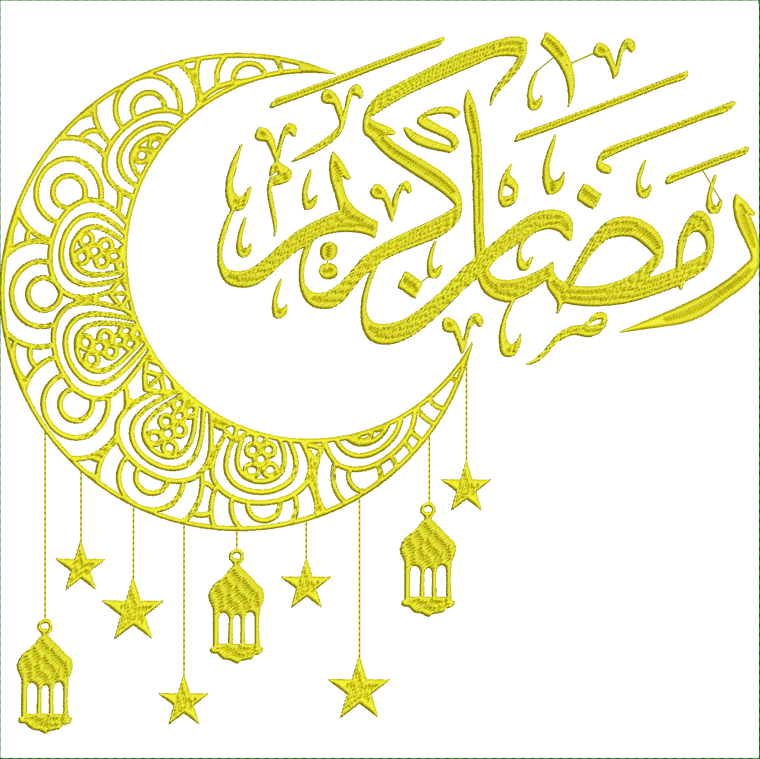Embroidery design: An ornamental embroidery design in gold and green featuring a decorative crescent moon with Arabic calligraphy, stars, a