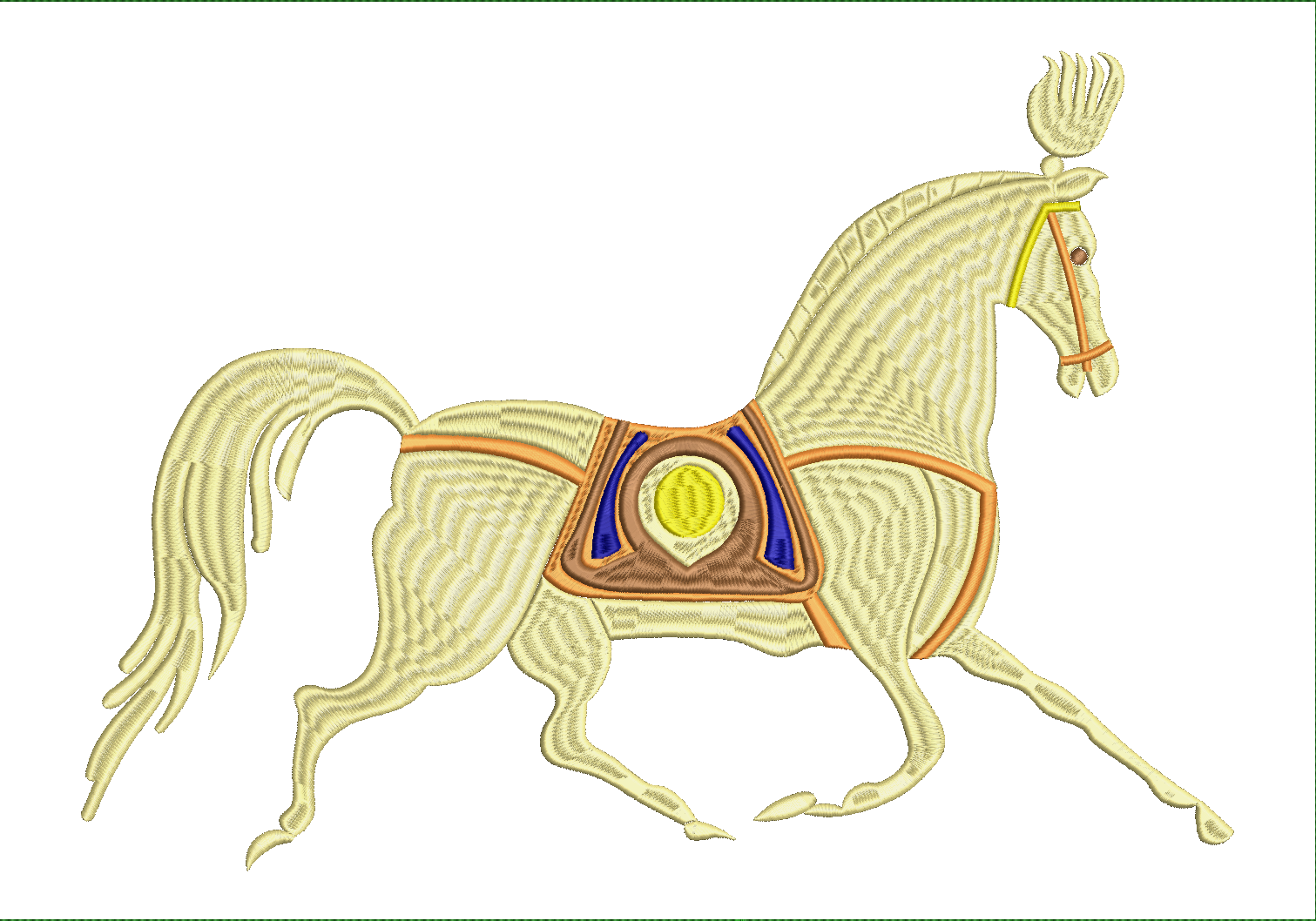 Embroidery design: An embroidery design of a pale yellow horse with a decorative saddle featuring orange, brown, blue, and yellow accents.