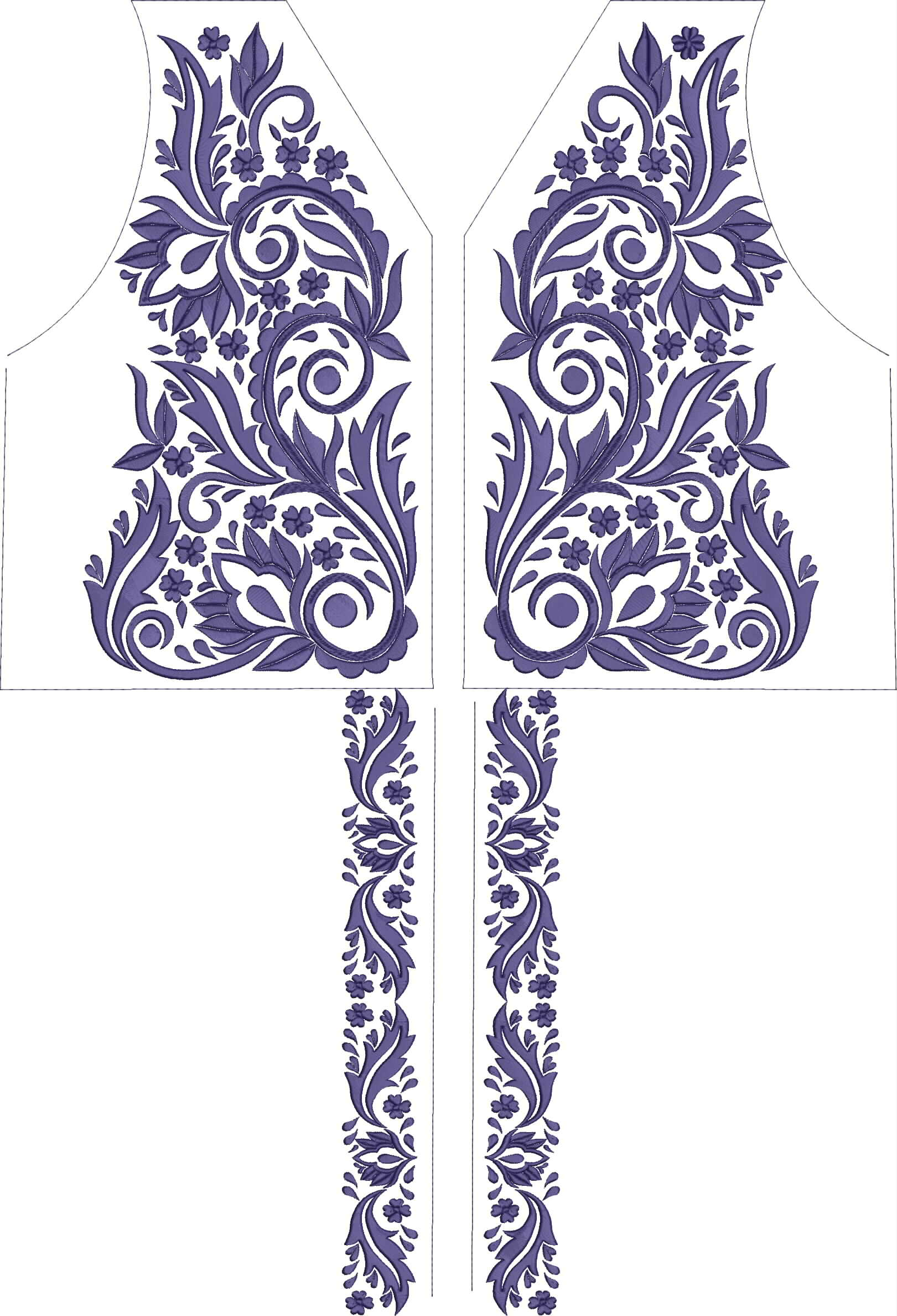 Embroidery design: An intricate purple embroidery design featuring symmetrical floral and scrollwork patterns with leaves and small flowers