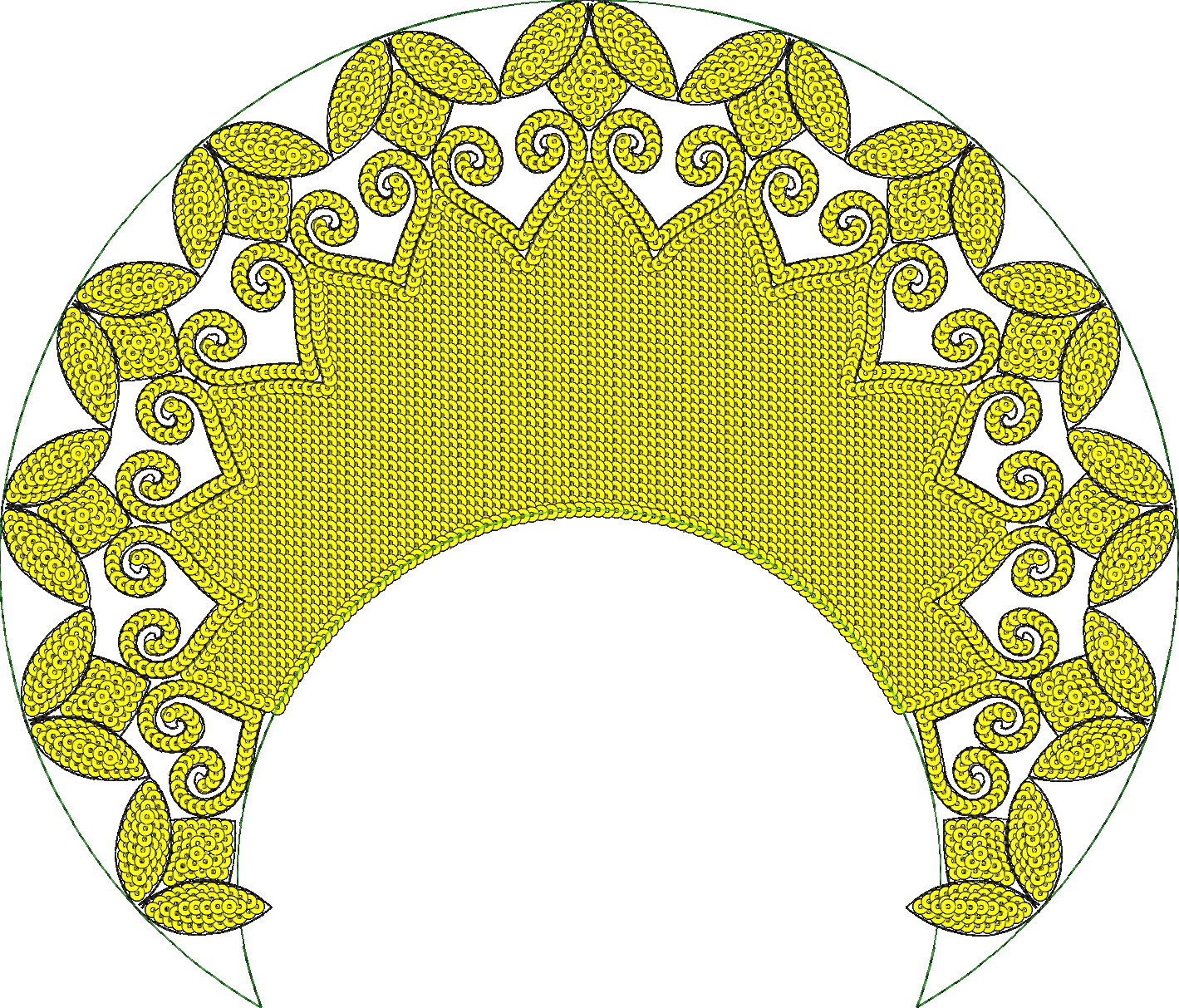 Embroidery design: A symmetrical, semicircular ornamental embroidery design in yellow with black and green outlines, featuring intricate sc