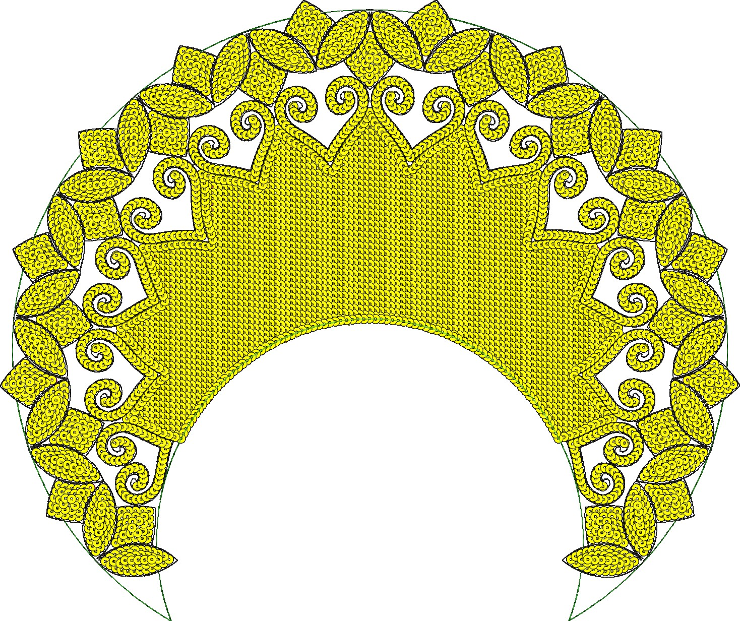 Embroidery design: A decorative, symmetrical yellow and green ornamental medallion design with geometric and scrollwork elements, resemblin