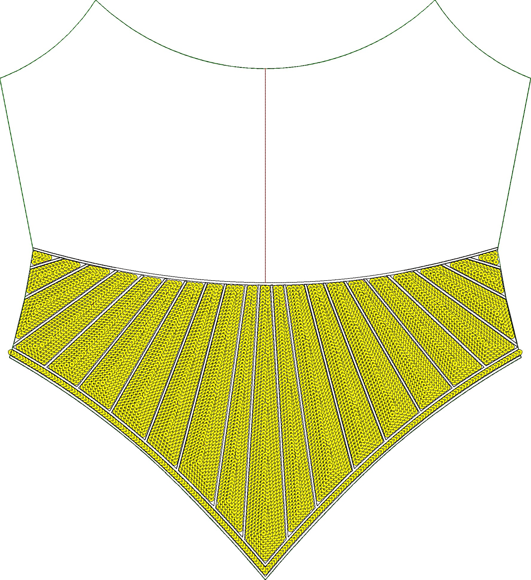 Embroidery design: A yellow embroidered panel with a dense fill of circular motifs arranged in a sunburst pattern, bordered by white decora
