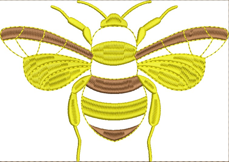 Embroidery design: An embroidery design of a bee with yellow and brown stripes and detailed wings.
